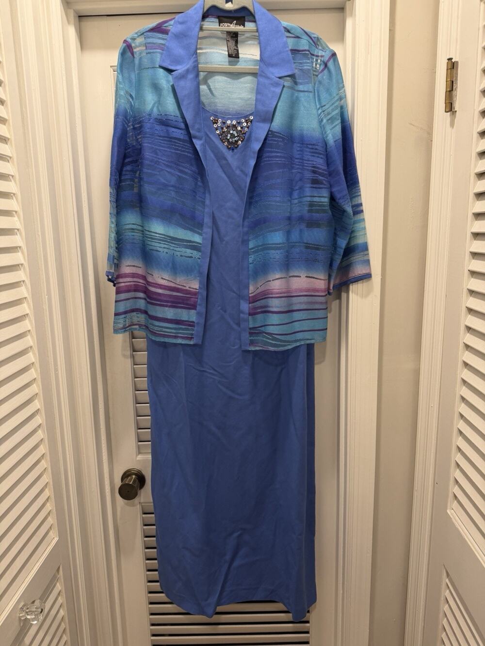 Vintage Y2K Positive Attitude Size 14Blue 2 Piece Dress Jacket Beaded Boho